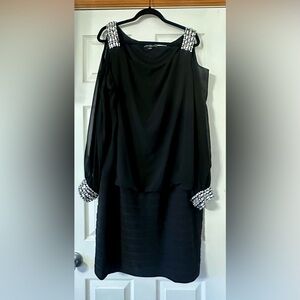 Black Illusion Sleeve Cold Shoulder Embellished Rhinestone Elegant Dress